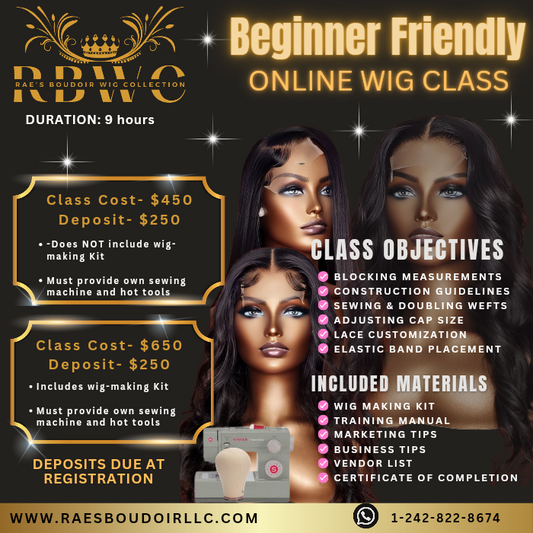 Immersive online Wig class catering for those that cannot make it physically. Learn everything you need to know. If kits are needed they can be sent to you.